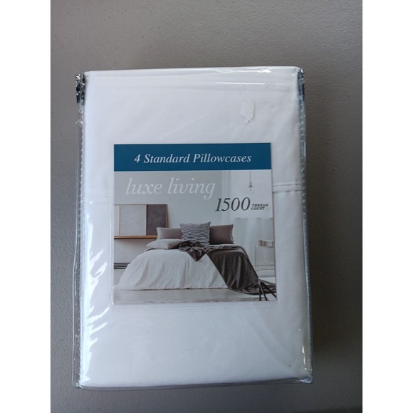 Luxe Living Set of 4 Standard Pillowcases White 1500 Thread Count NEW Bedding - Picture 4 of 4